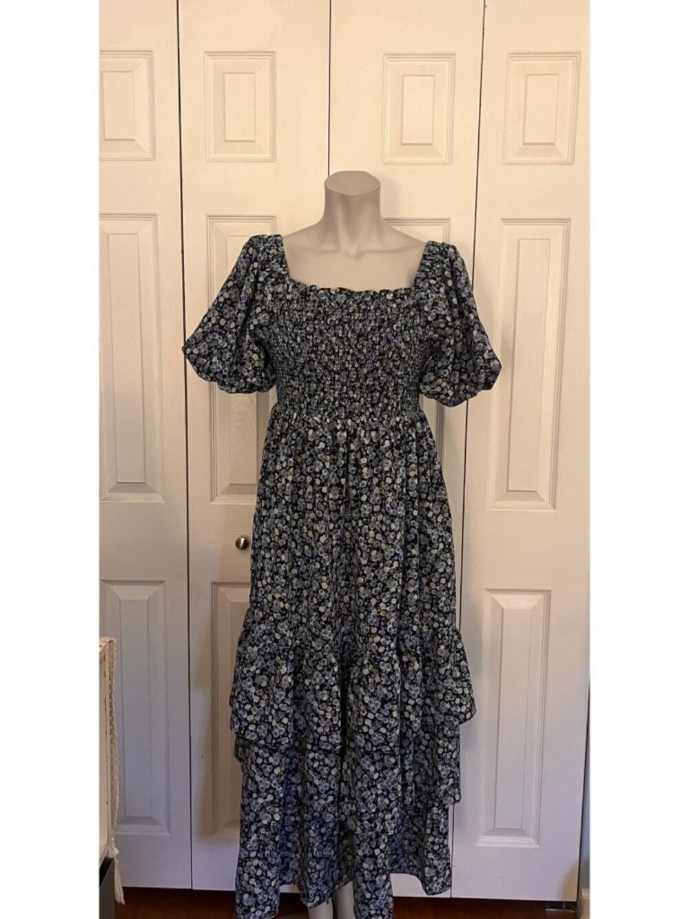 English Factory Blue Floral Puff Sleeve Maxi Dress Size Small